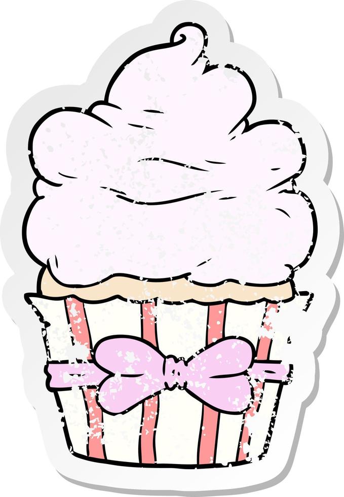 distressed sticker of a cartoon fancy cupcake vector