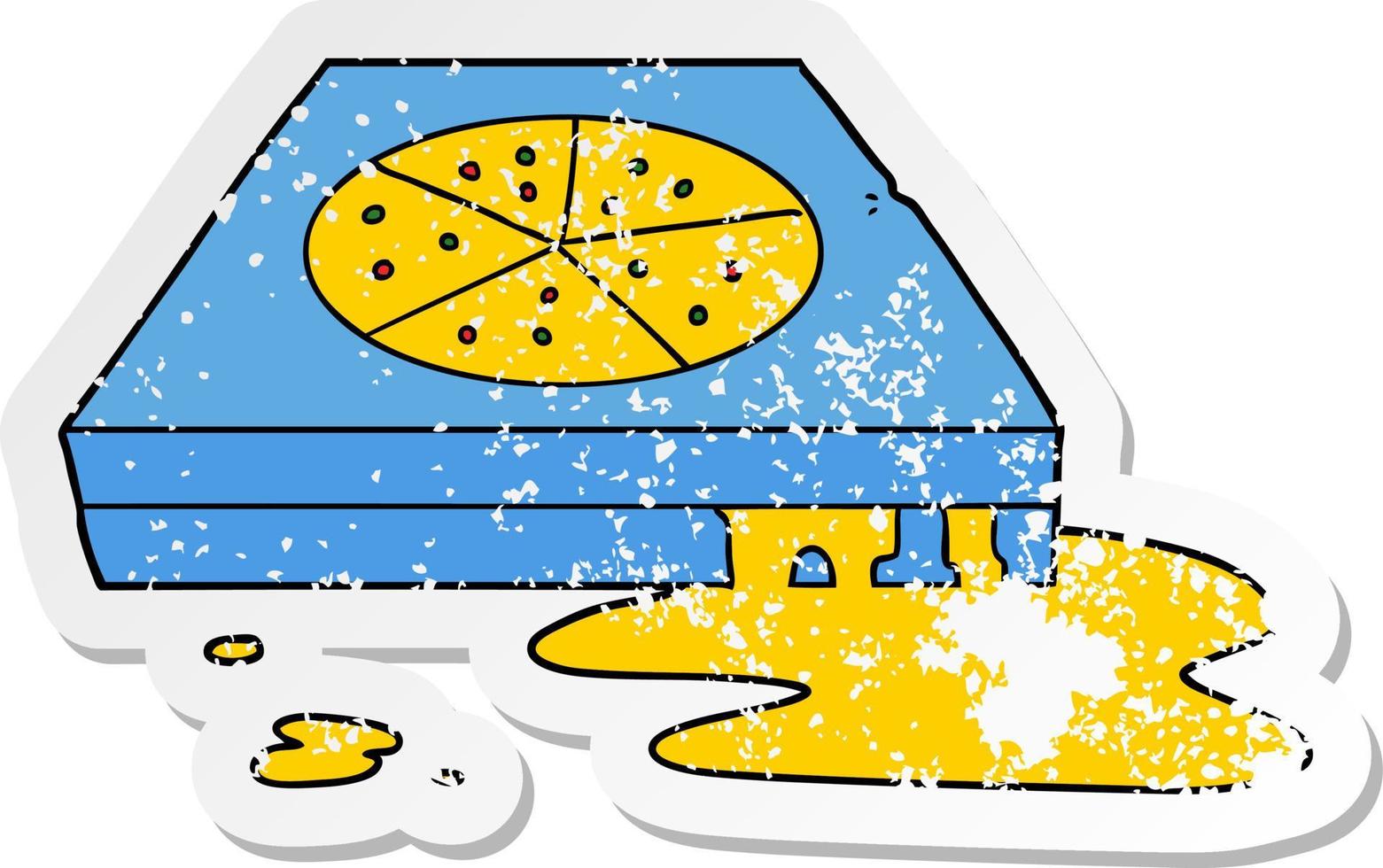 distressed sticker of a cartoon greasy pizza vector