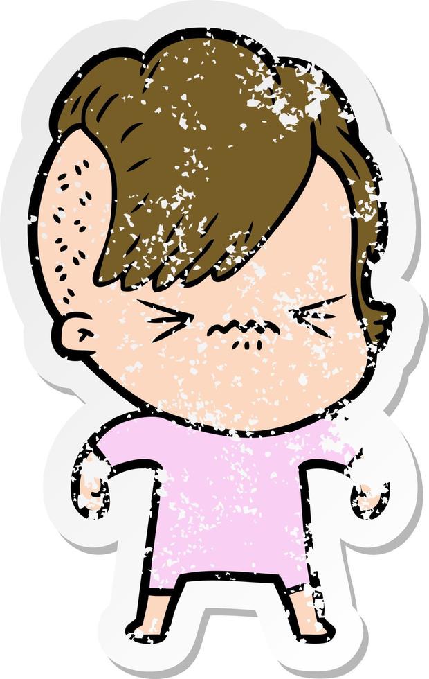 distressed sticker of a cartoon annoyed hipster girl vector