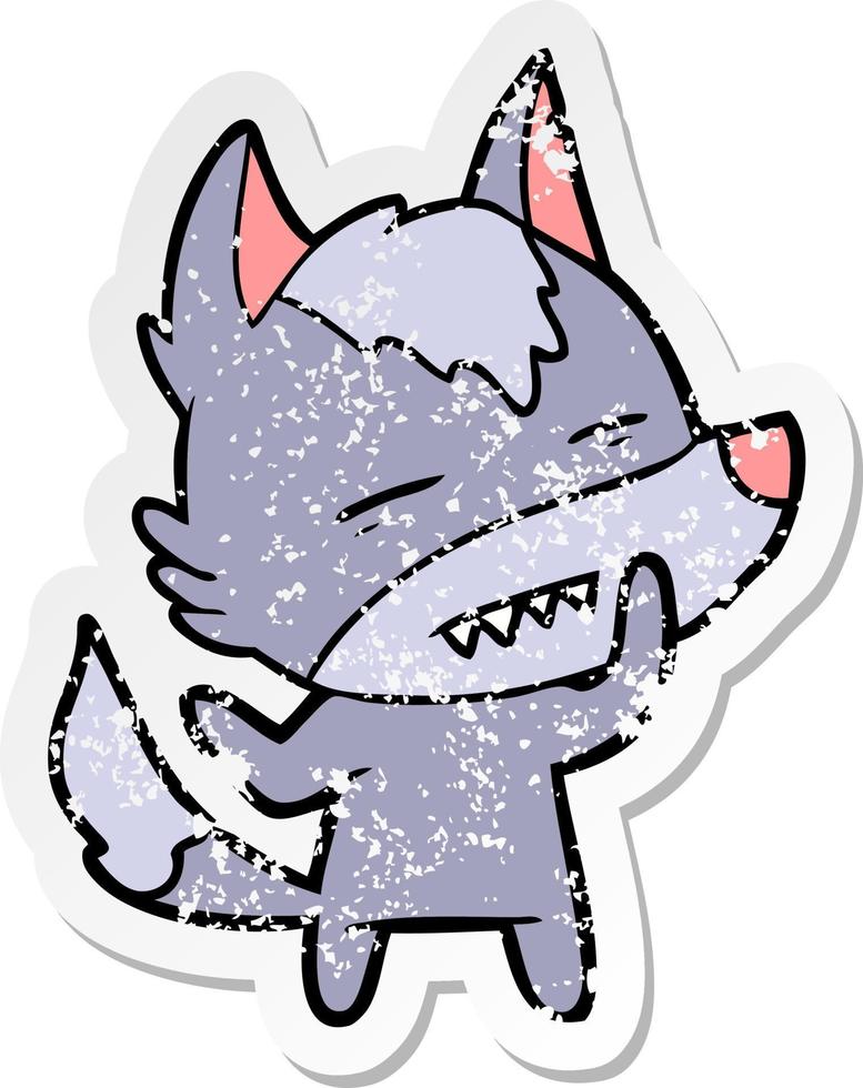 distressed sticker of a cartoon wolf showing teeth vector