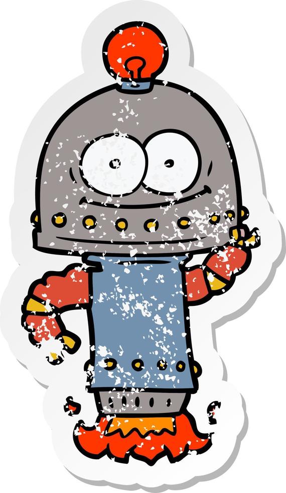distressed sticker of a happy carton robot with light bulb vector