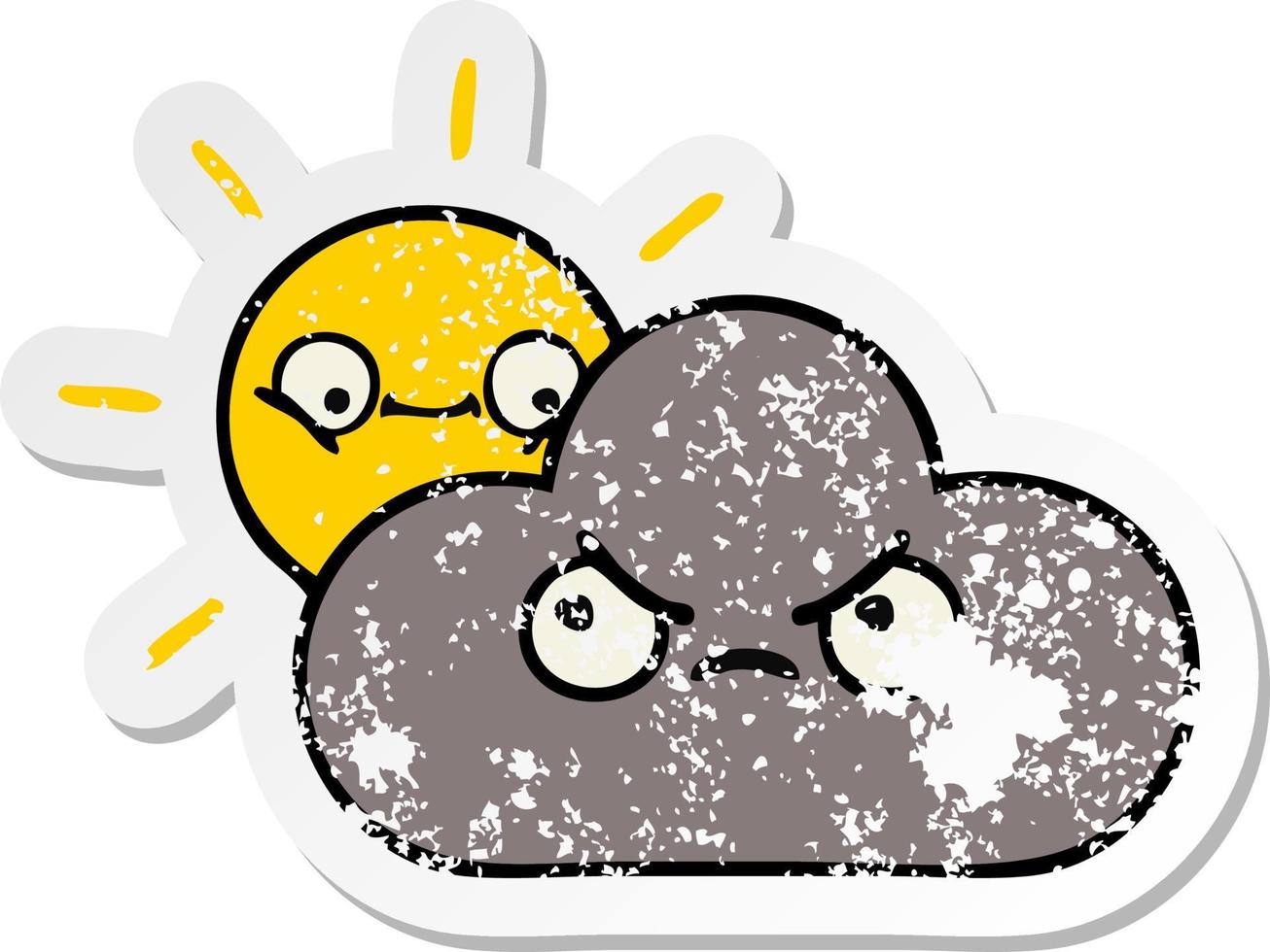 distressed sticker of a cute cartoon storm cloud and sun vector