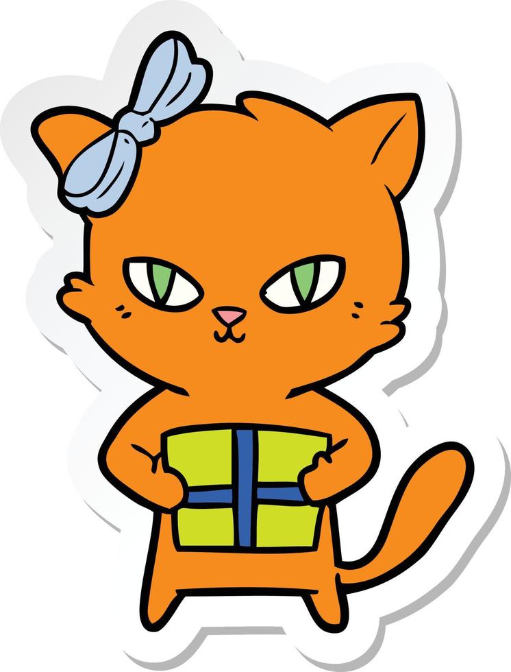 pegatina de un lindo gato de dibujos animados con regalo vector