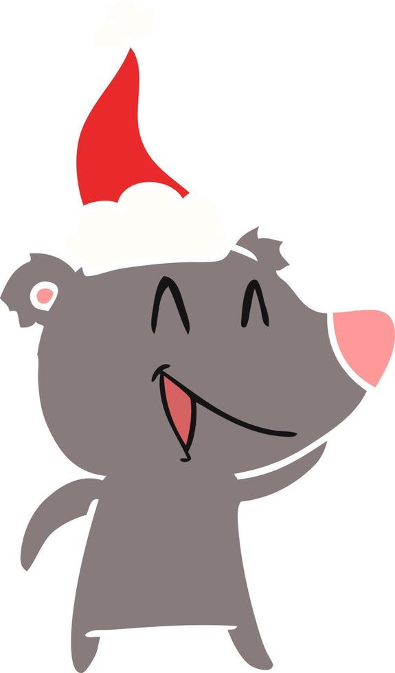 laughing bear flat color illustration of a wearing santa hat vector