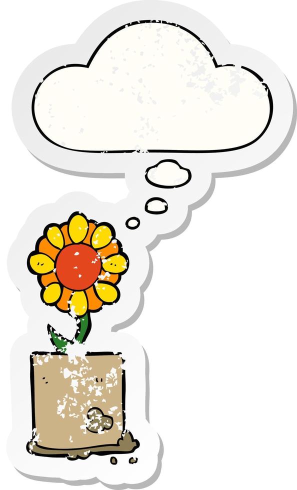 cartoon flower and thought bubble as a distressed worn sticker vector