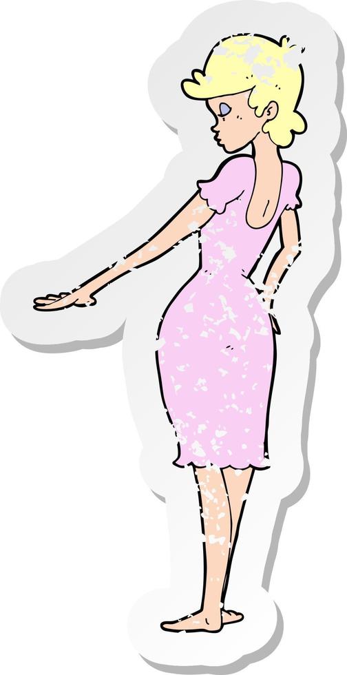 retro distressed sticker of a cartoon pretty woman looking at nails vector