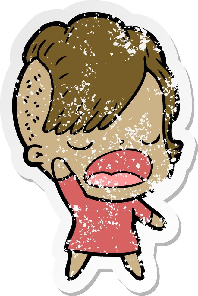 distressed sticker of a cartoon cool hipster girl talking vector