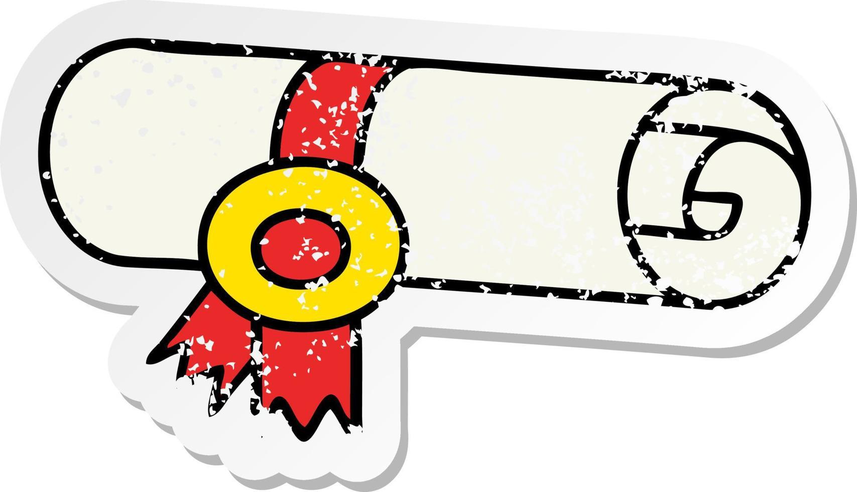 distressed sticker of a cute cartoon rolled certificate vector