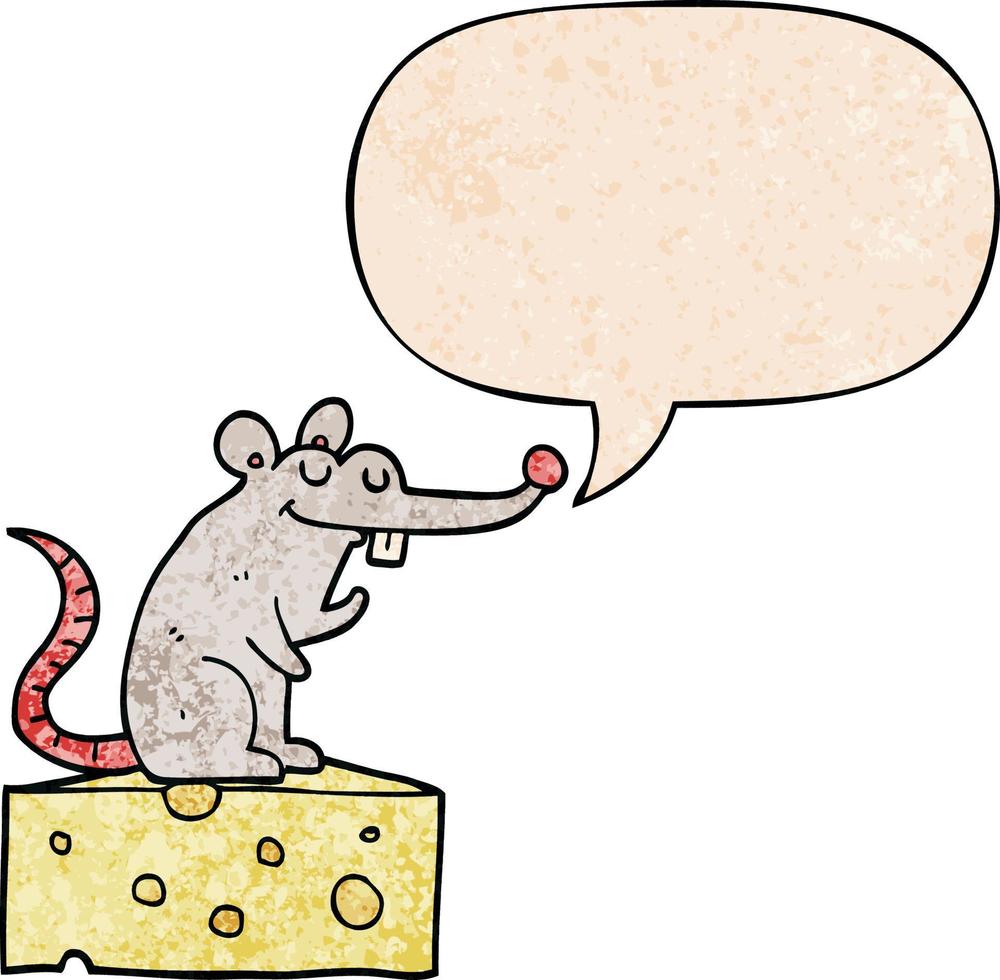 cartoon mouse sitting on cheese and speech bubble in retro texture style vector