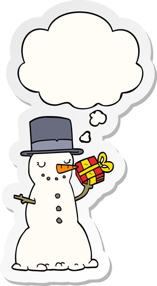 cartoon christmas snowman and thought bubble as a printed sticker vector