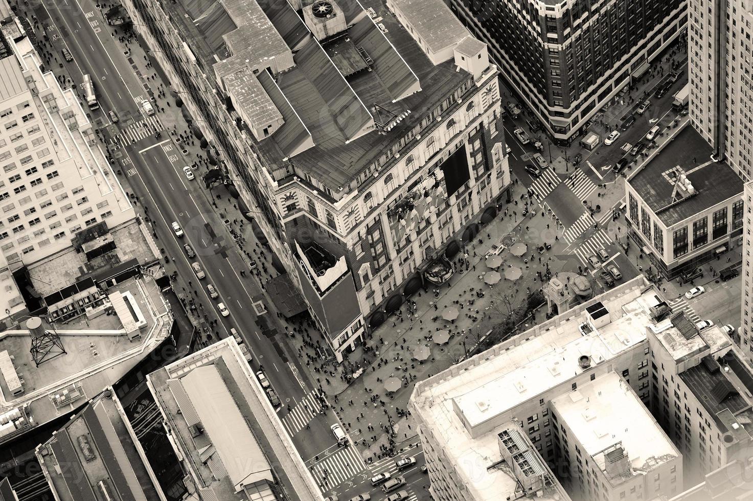 New York City Manhattan street aerial view black and white photo