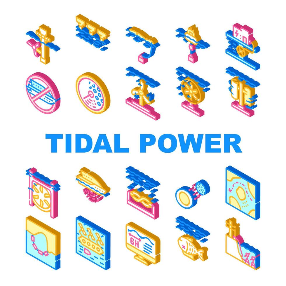 Tidal Power Plant Collection Icons Set Vector