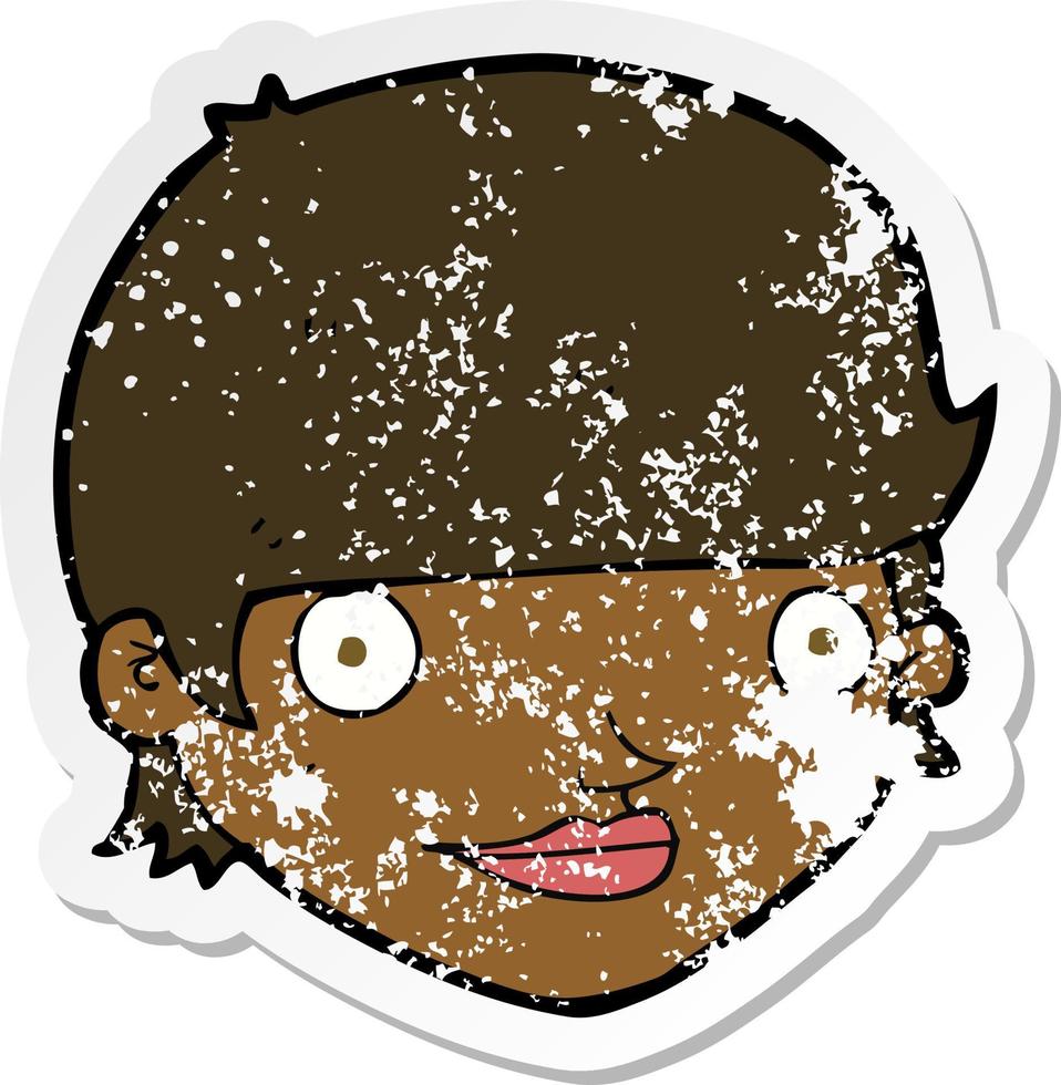 retro distressed sticker of a cartoon happy female face vector