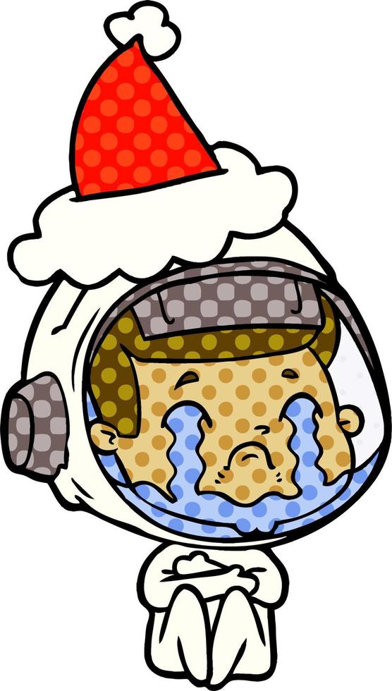 comic book style illustration of a crying astronaut wearing santa hat vector