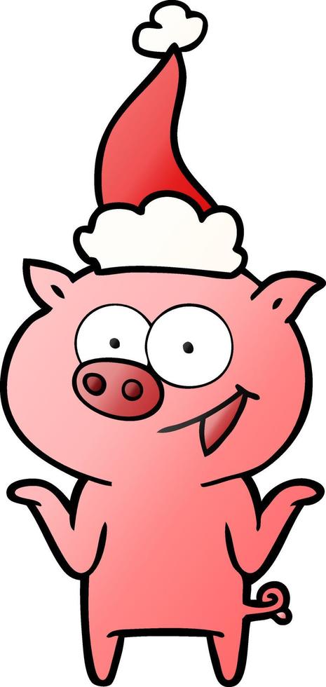 gradient cartoon of a pig with no worries wearing santa hat vector