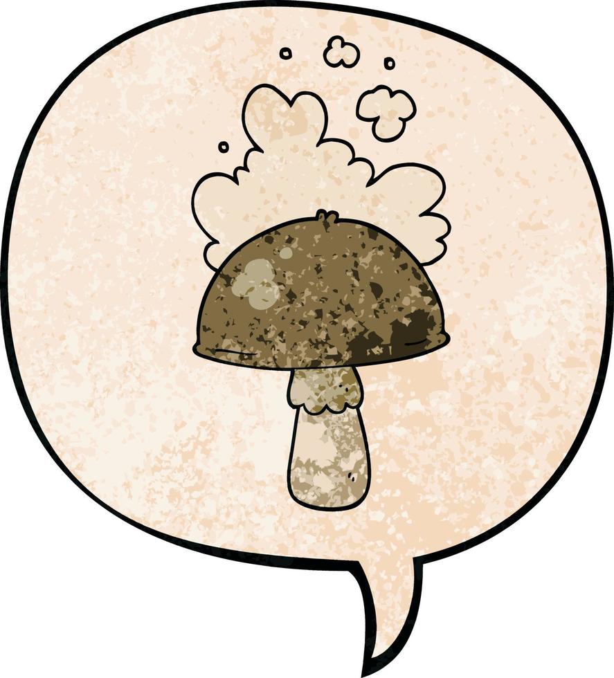 cartoon mushroom and spore cloud and speech bubble in retro texture style vector