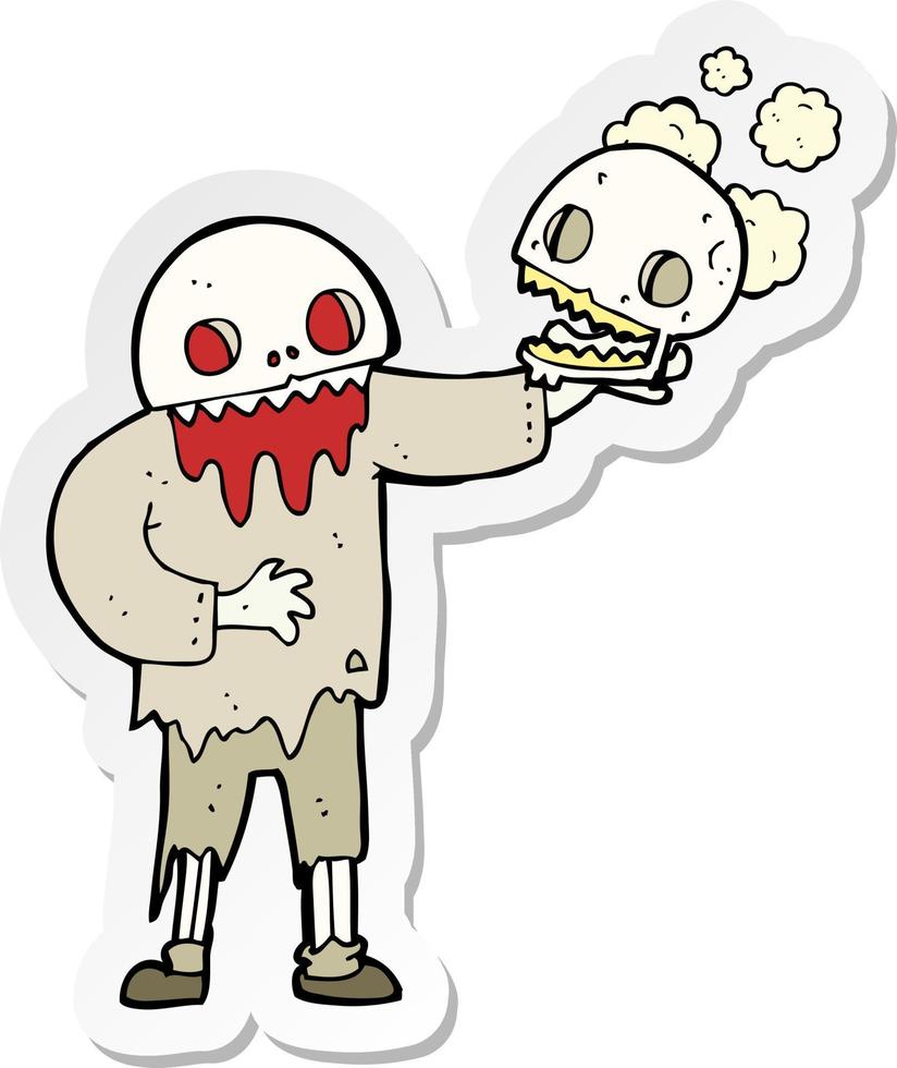 sticker of a cartoon zombie holding a skull vector