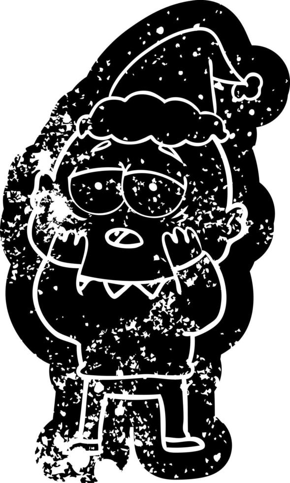 cartoon distressed icon of a tired bald man wearing santa hat vector
