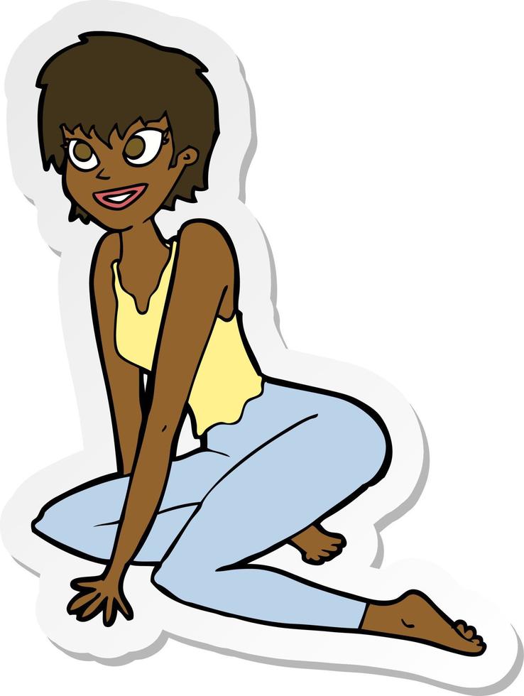 sticker of a cartoon happy woman sitting on floor vector