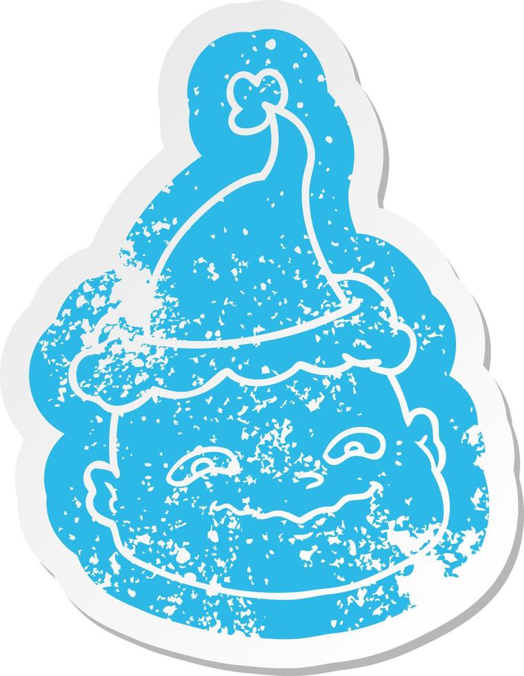 cartoon distressed sticker of a bald man wearing santa hat vector