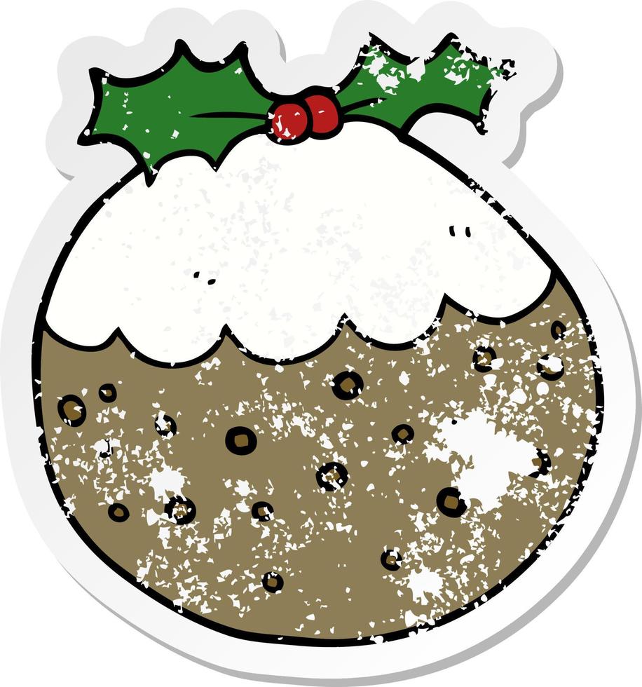 distressed sticker of a cartoon christmas pudding vector