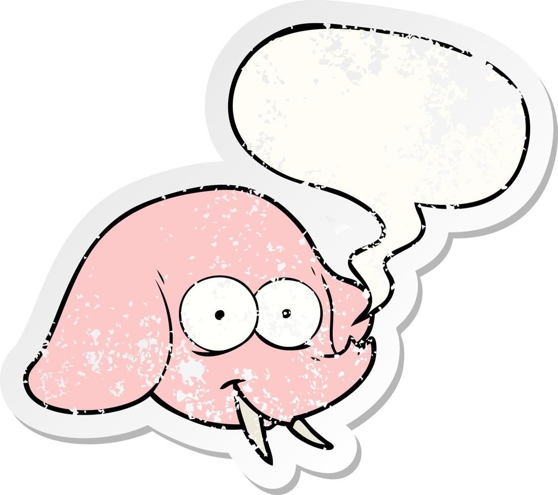 cartoon elephant face and speech bubble distressed sticker vector