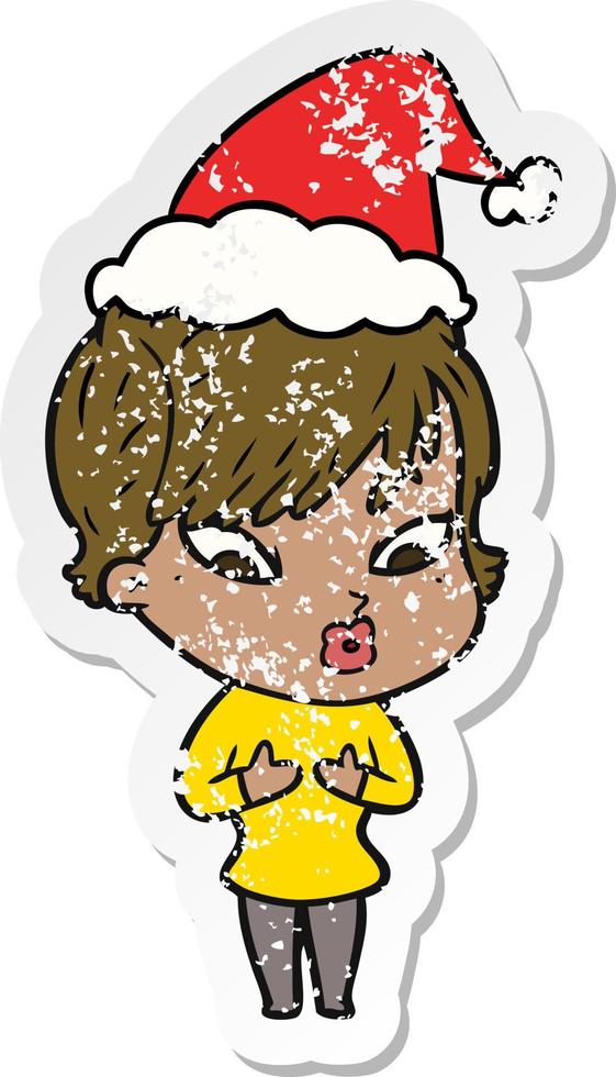 distressed sticker cartoon of a woman wearing santa hat vector