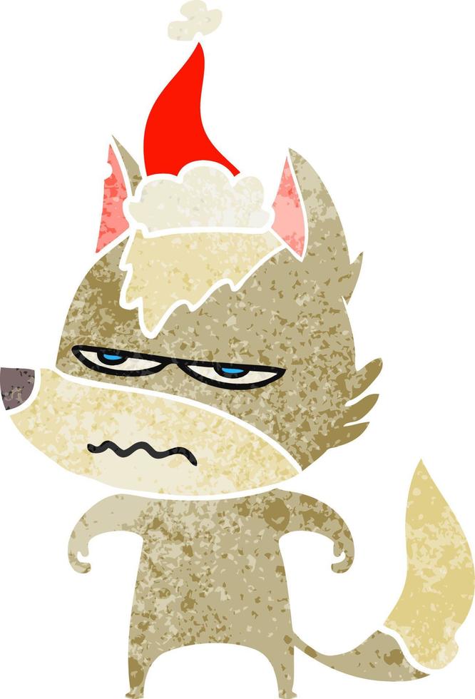 retro cartoon of a annoyed wolf wearing santa hat vector