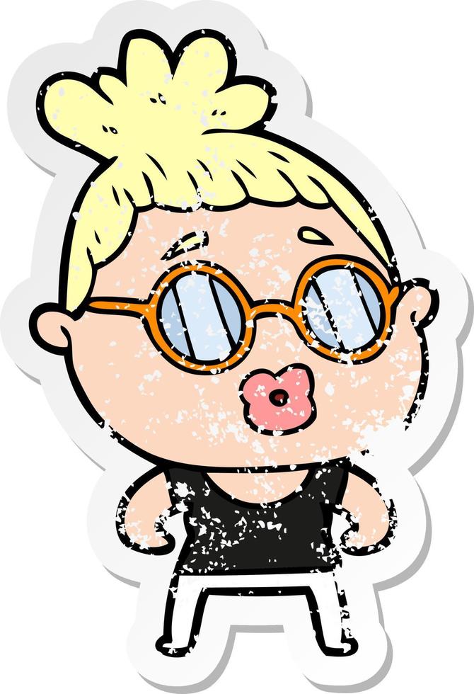 distressed sticker of a cartoon woman wearing spectacles vector