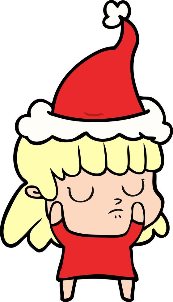 line drawing of a indifferent woman wearing santa hat vector