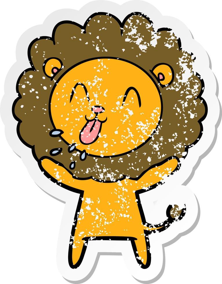 distressed sticker of a happy cartoon lion vector