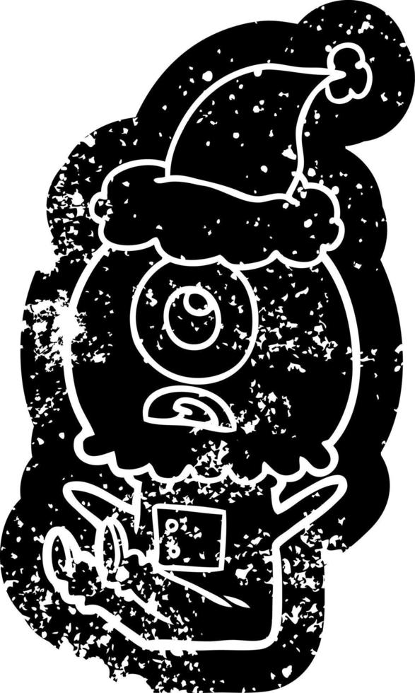 cartoon distressed icon of a cyclops alien spaceman wearing santa hat vector