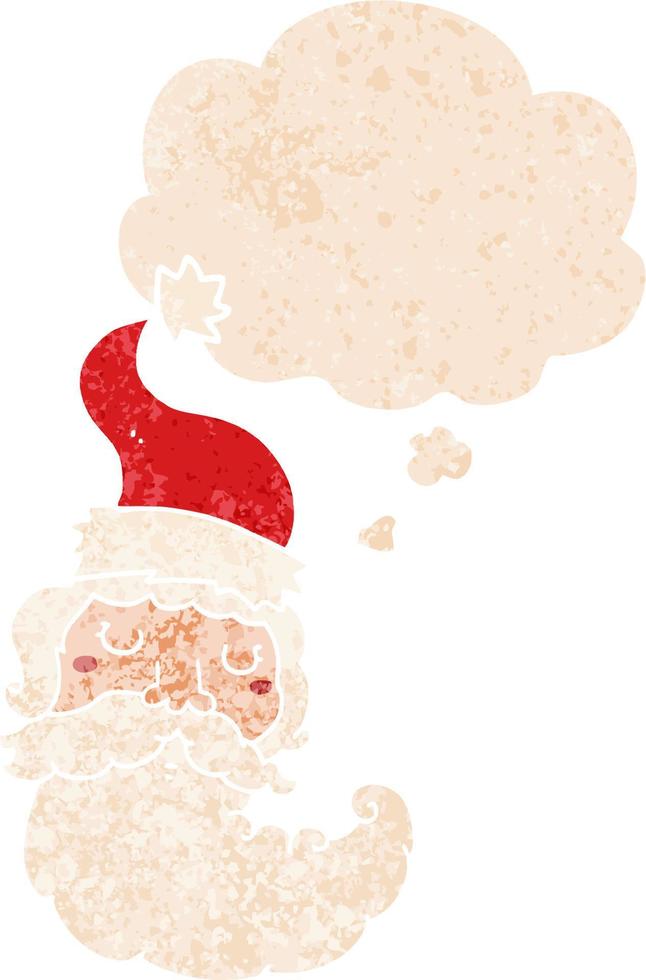 cartoon santa face and thought bubble in retro textured style vector