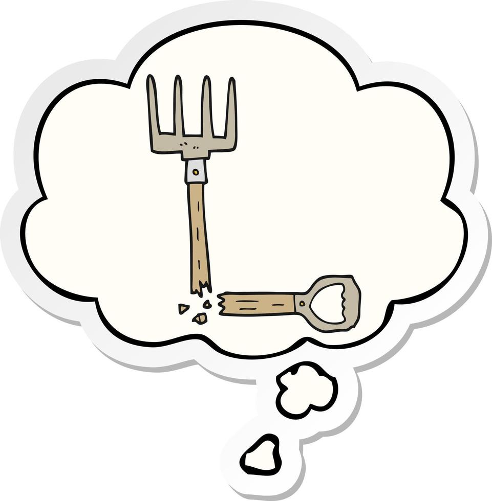 cartoon broken pitchfork and thought bubble as a printed sticker vector