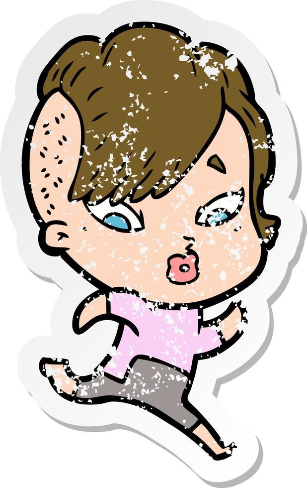 distressed sticker of a cartoon surprised girl in science fiction clothes vector