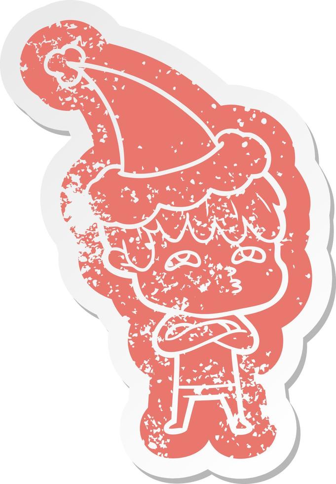 cartoon distressed sticker of a curious man wearing santa hat vector