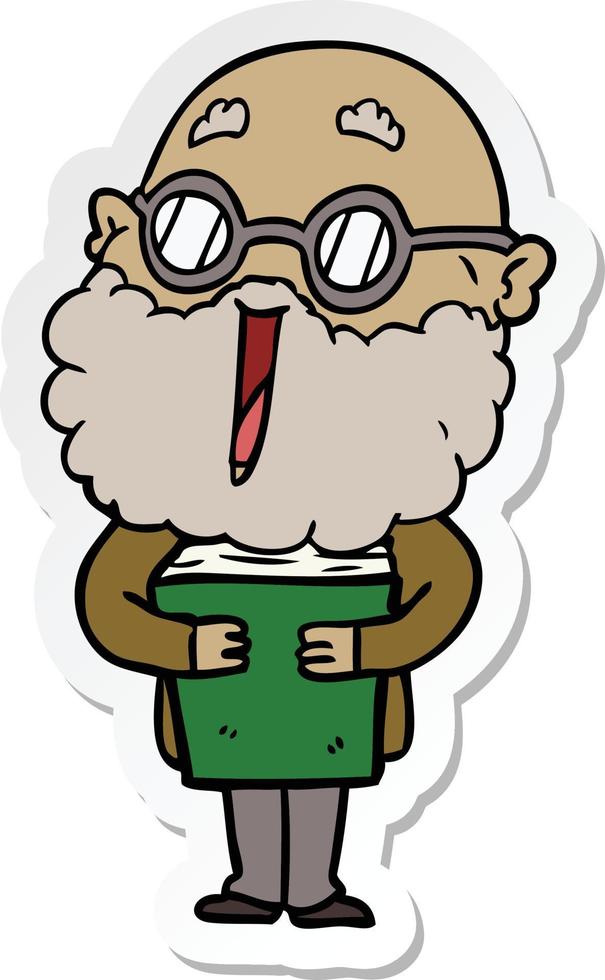 sticker of a cartoon joyful man with beard and book vector