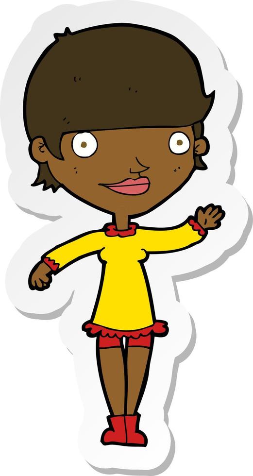 sticker of a cartoon waving woman vector