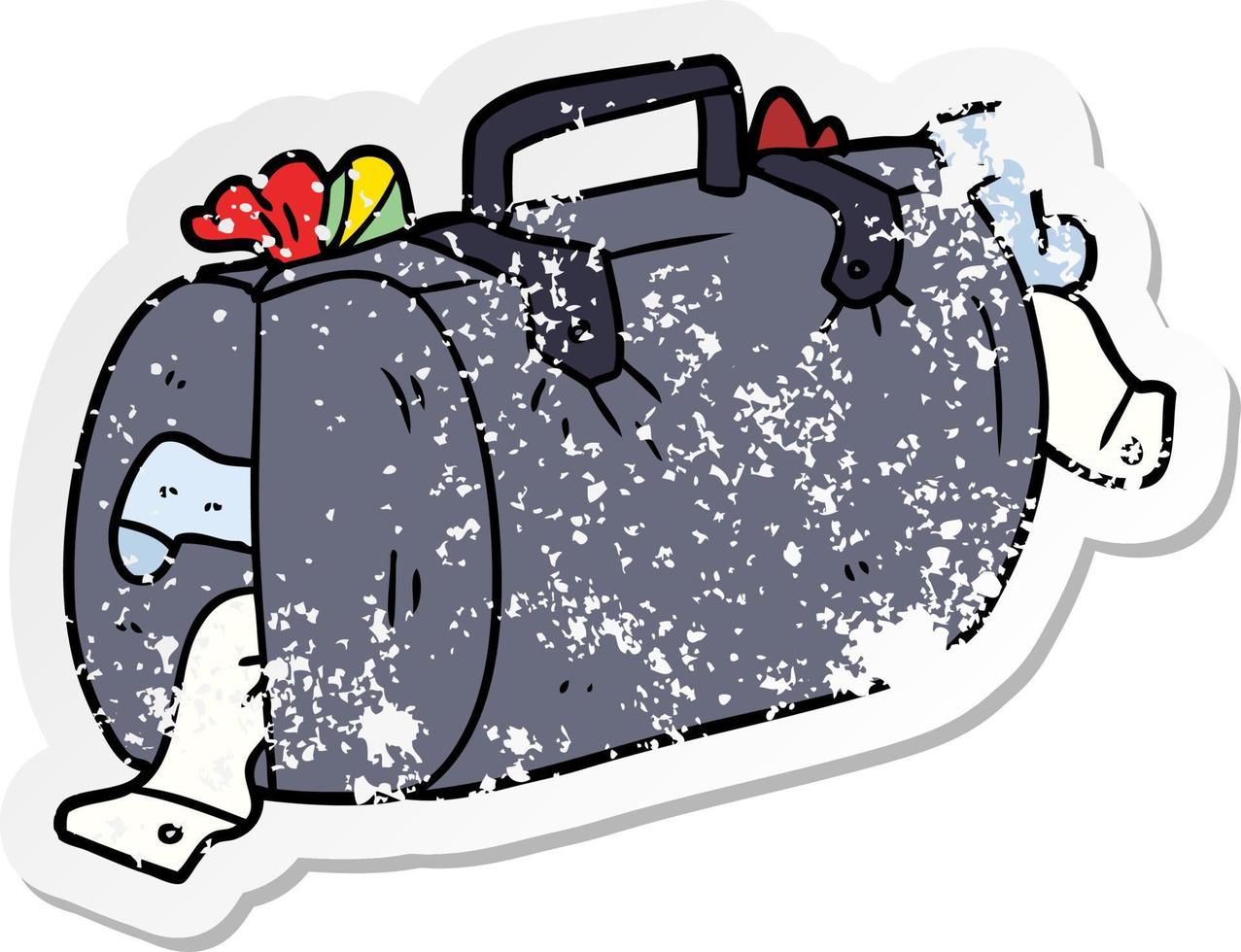 distressed sticker of a cartoon luggage vector