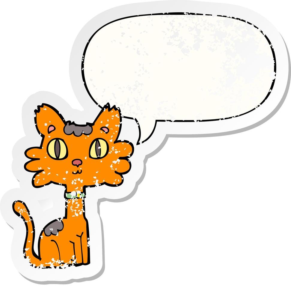 cartoon cat and speech bubble distressed sticker vector