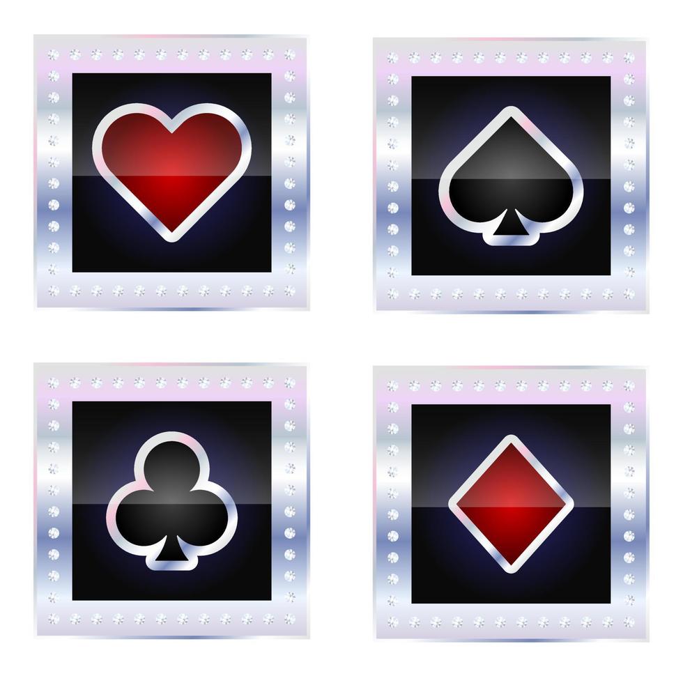 Card suits icon set for casino with silver border and stars vector