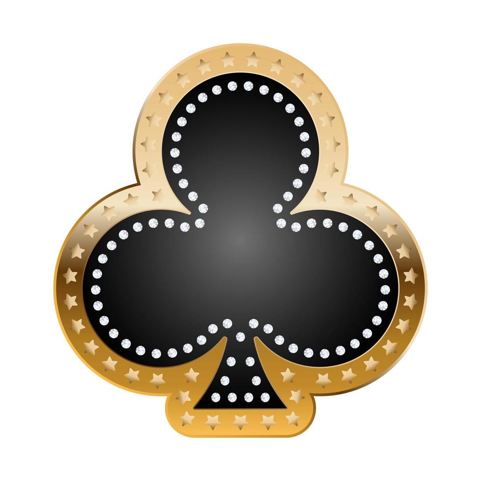 Clubs card suit icon for casino with gold border, stars and diamonds frame vector