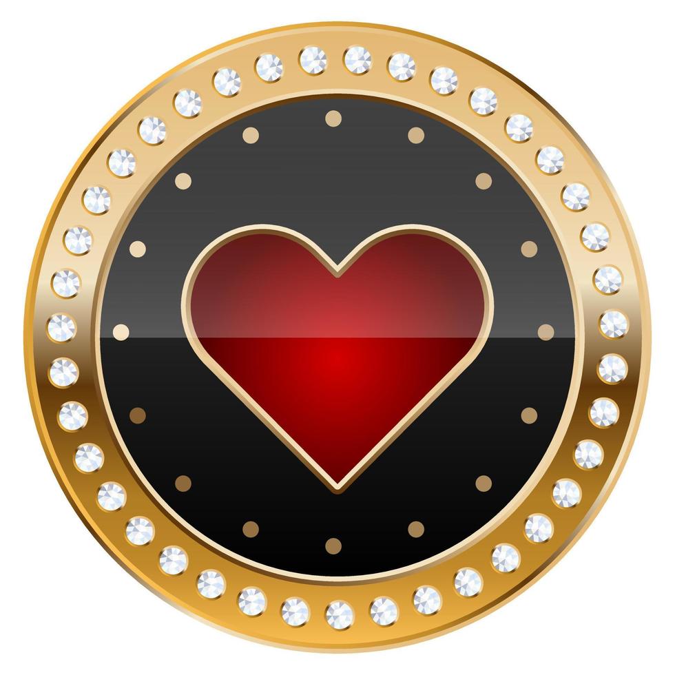 Golden casino chip with card suit Hearts. vector