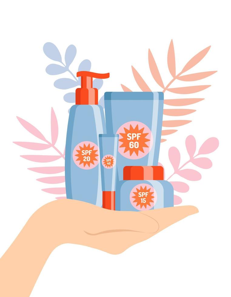 Sunscreen protection cosmetics in hand. Summer skin care cosmetic concept. vector