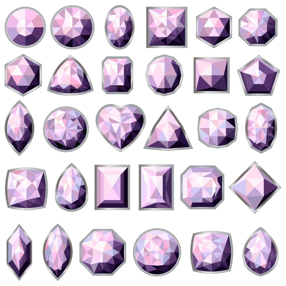 Big set of different types of amethyst gemstones vector