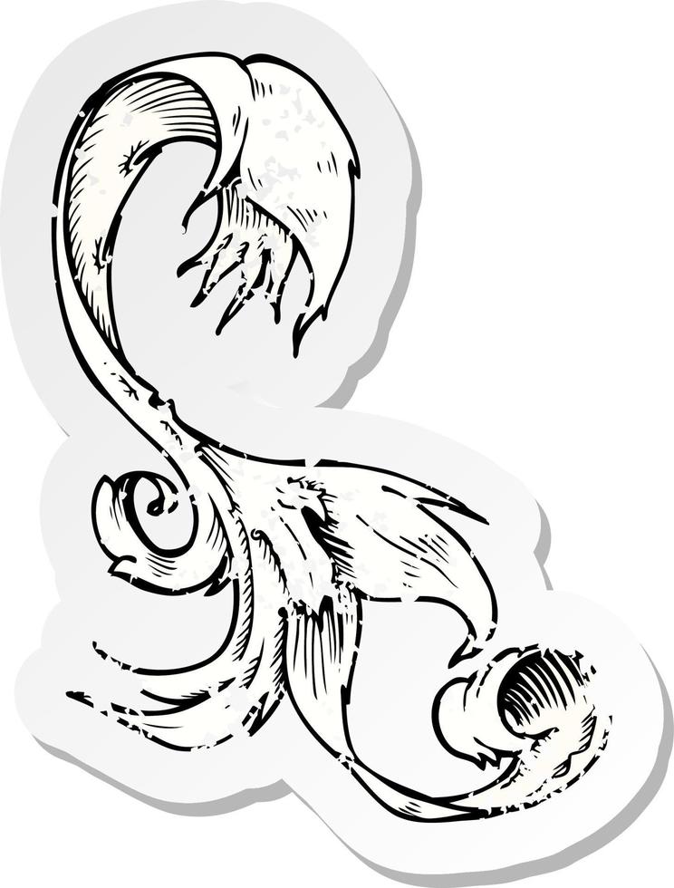retro distressed sticker of a traditional hand drawn floral swirl vector