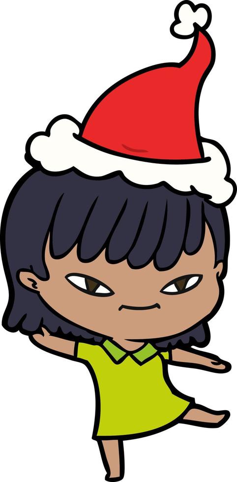 line drawing of a woman wearing santa hat vector