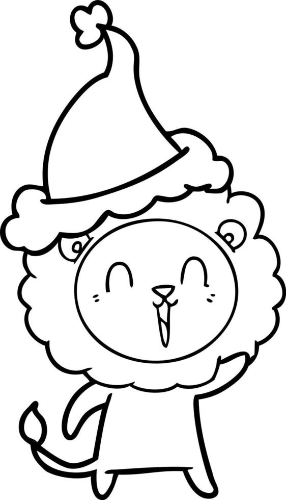 laughing lion line drawing of a wearing santa hat vector