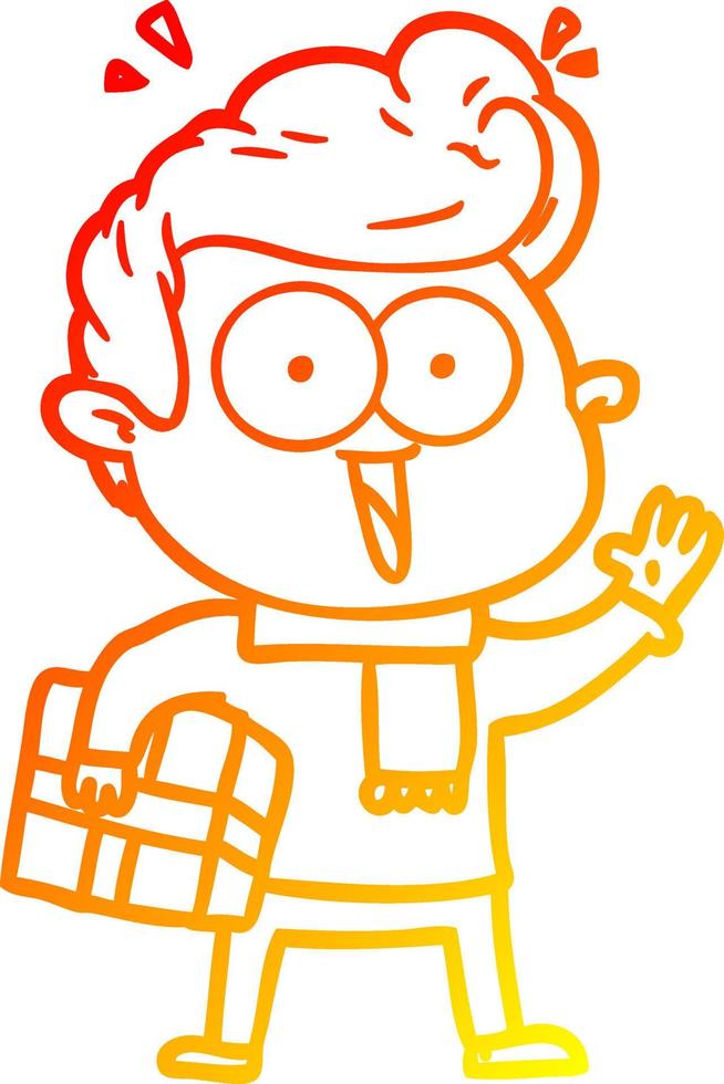 warm gradient line drawing cartoon excited man with present vector