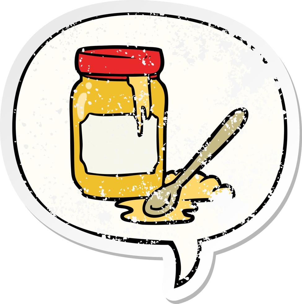 cartoon jar of honey and speech bubble distressed sticker vector